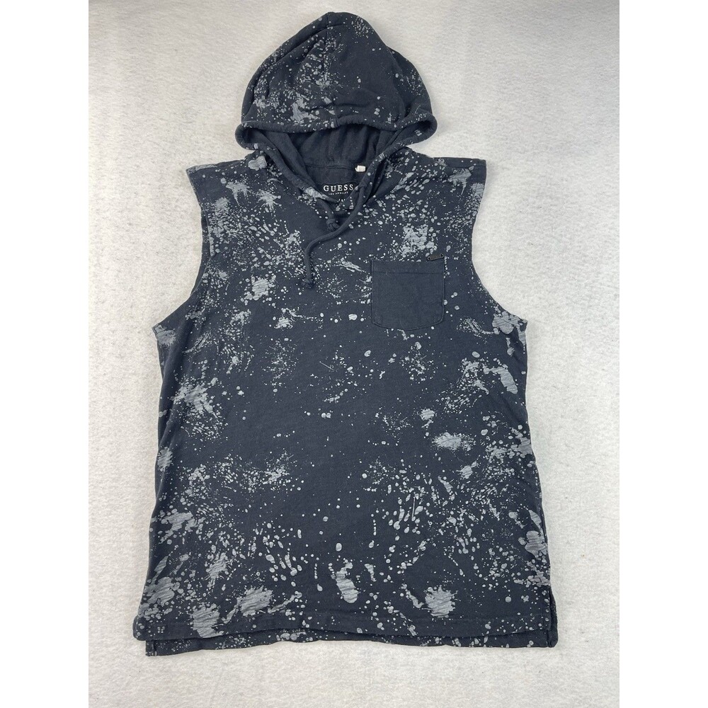 Guess Men’s Medium Black Sleeveless Hoodie Gray Splattered Paint Design
